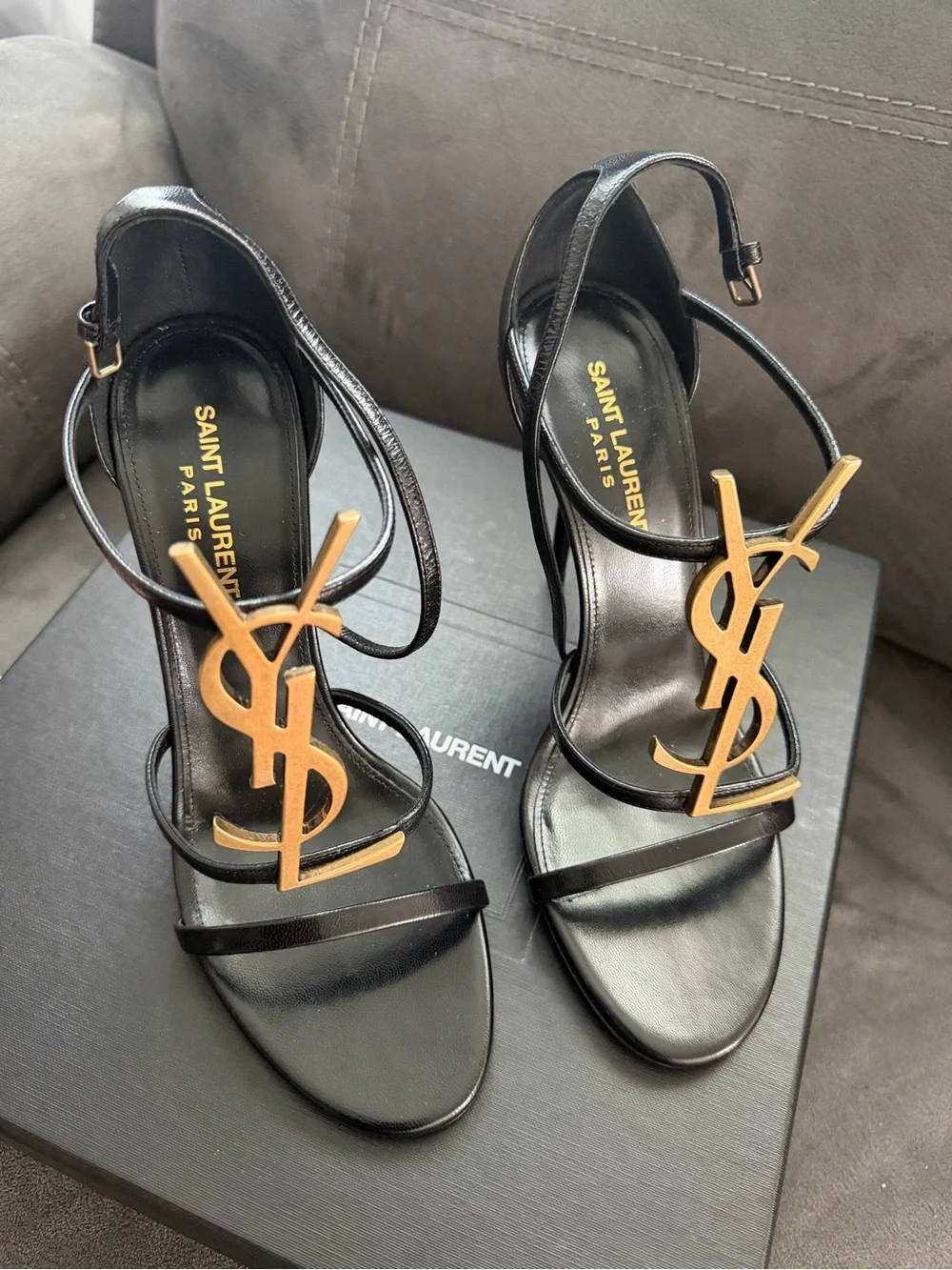 Saint Laurent Black Leather Stiletto Sandals with Gold YSL Logo - Picture 2 of 4